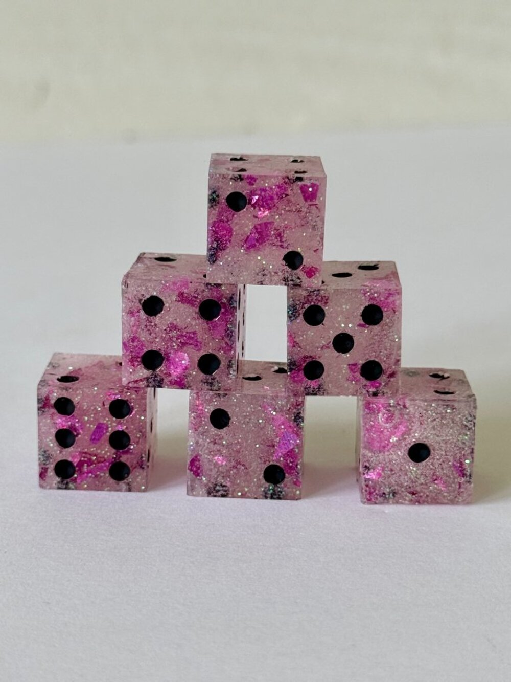 Resin Dice Set 6pcs - Pink Foil Black Dots - Handmade Replacement Dice Games - Picture 2 of 7